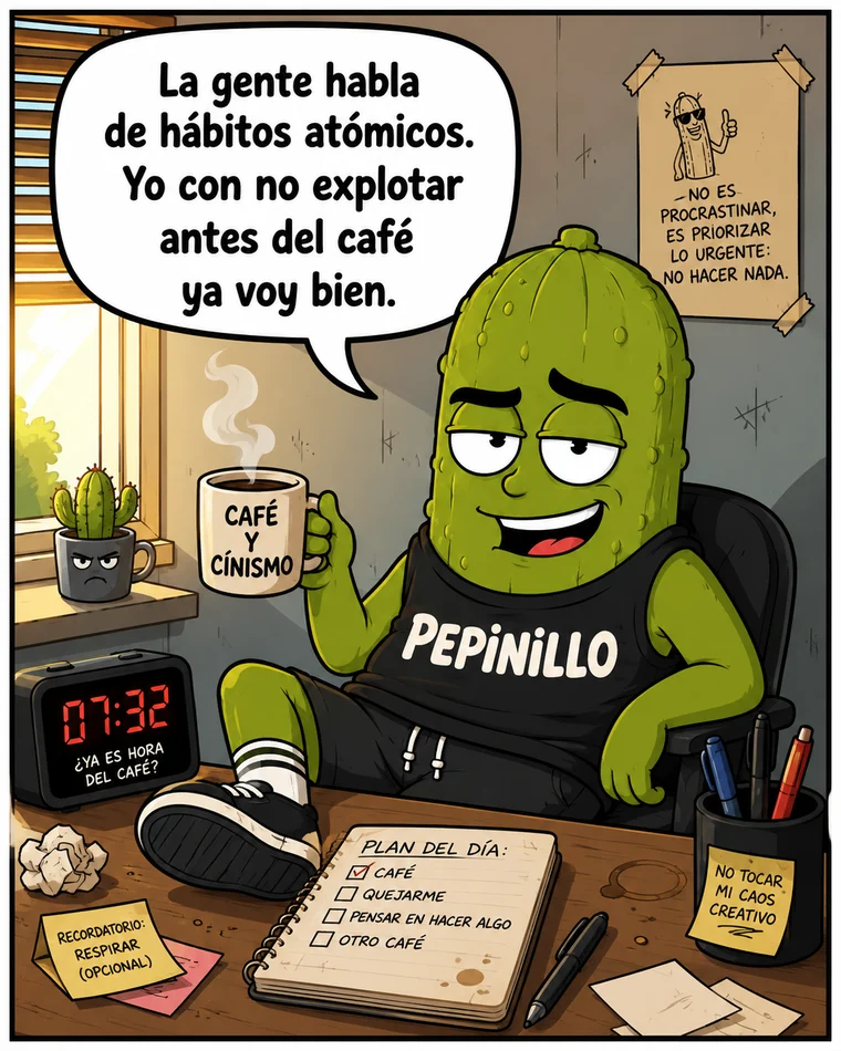 Viñeta: hábitos atómicos vs. no explotar antes del café