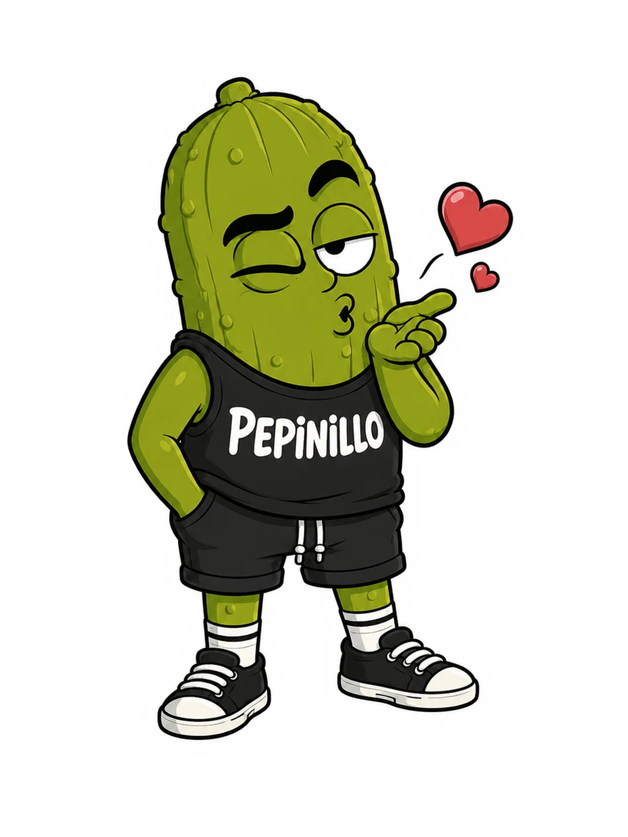 Pepinillo, un pepinillo antropomórfico con camiseta negra tirando un beso